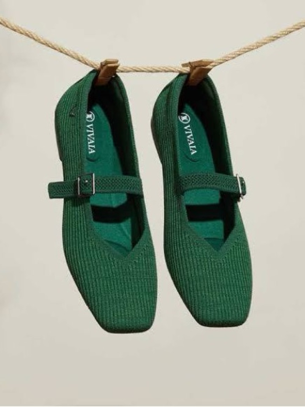 Vivaia Emerald Knit Mary Jane Flats with Buckle Strap